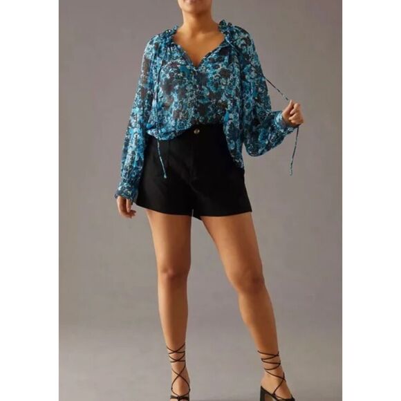 Anthropologie Blue Sheer Printed Peasant Blouse  Size XS - Picture 4 of 9